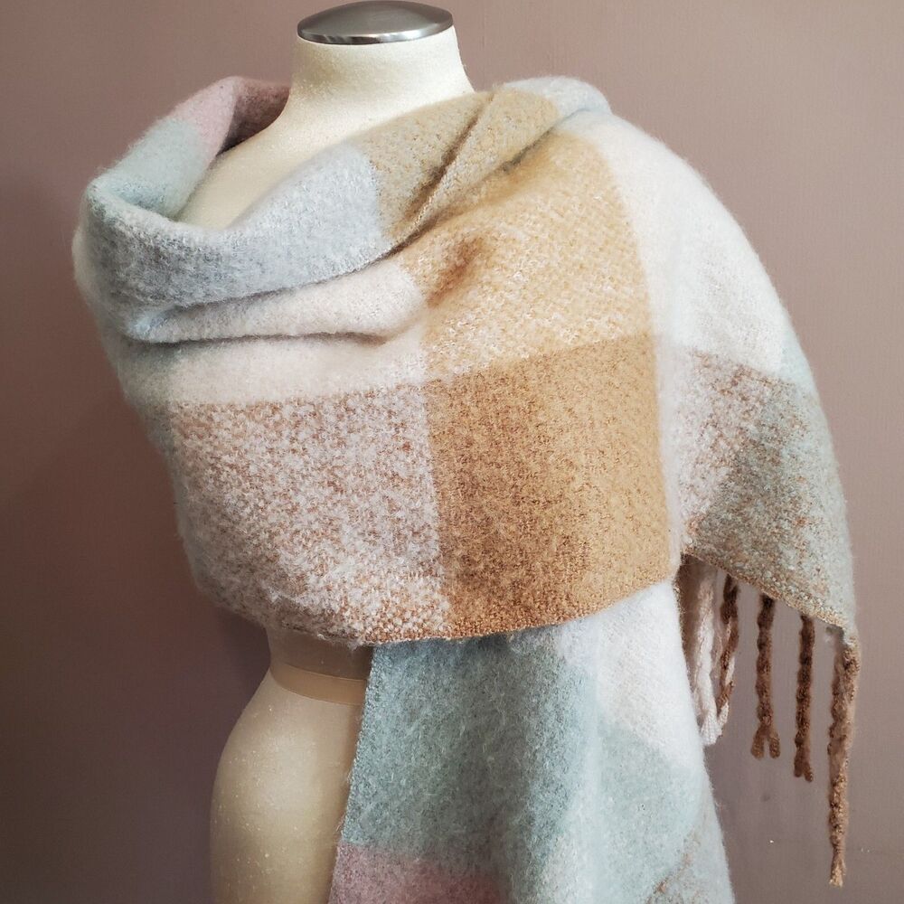 Wrap London Pastel Check Fringe Wrap in Cream, Tan, Light Blue